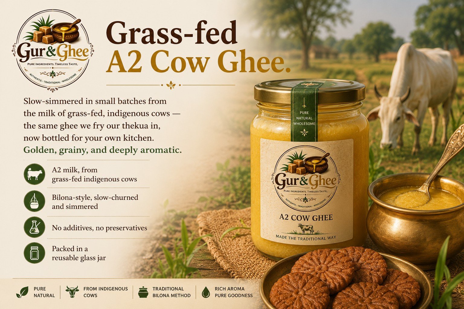 Grass-fed A2 Cow Ghee from Gur & Ghee — slow-simmered, bilona-style, no additives, packed in a reusable glass jar