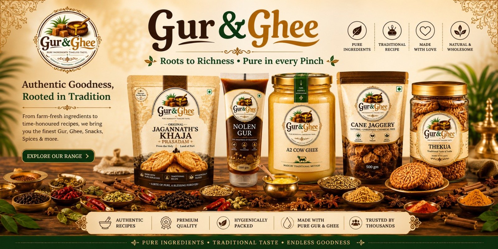 Gur & Ghee — Roots to Richness, Pure in every Pinch. Jagannath's Khaja Prasadam, Nolen Gur, A2 Cow Ghee, Cane Jaggery and Thekua