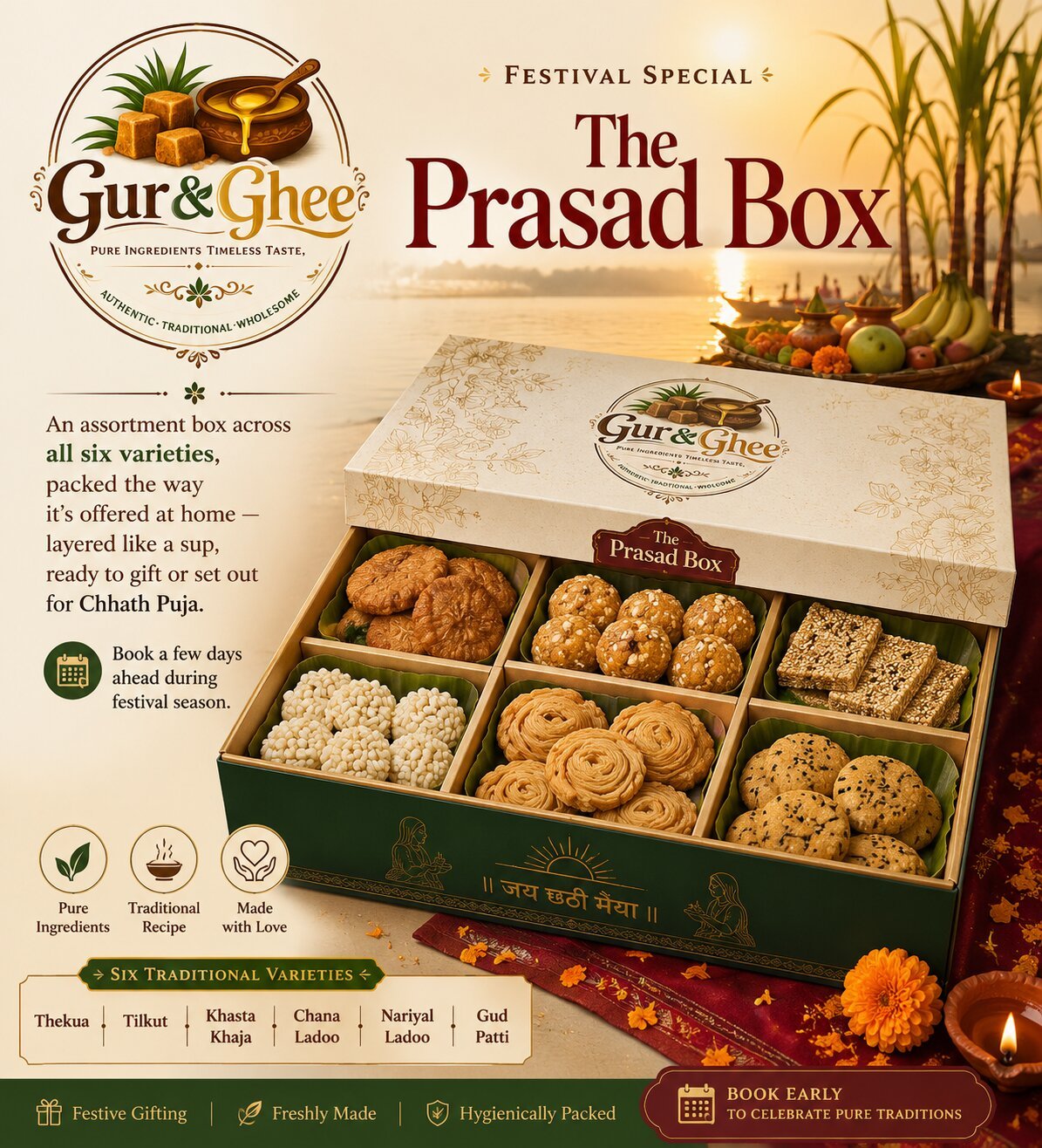 The Gur & Ghee Prasad Box, an assortment of festival sweets in a gift box